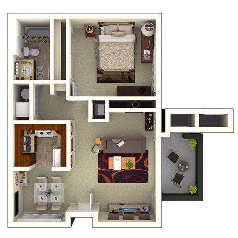 Floor plan for 1 bed, 1 bath, 738 sqft